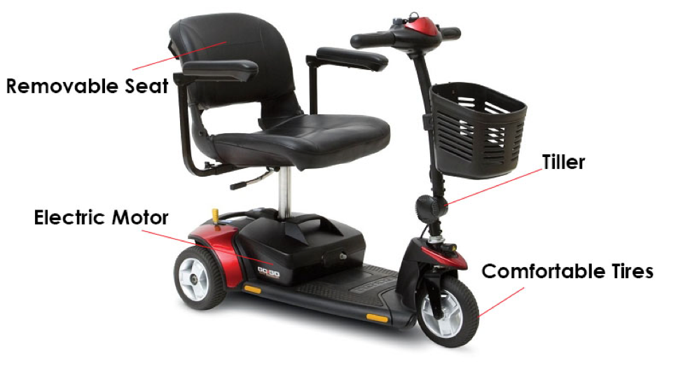 Go-Go Elite Traveller 3-Wheels scooter with removable seat, tiller, electric motor and comfortable tires